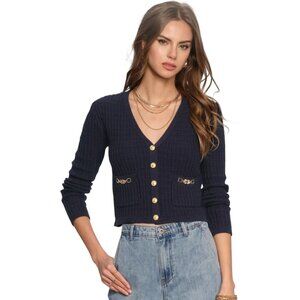 Heartloom Lida Cardi Navy Ribbed Knit Cardigan Gold Buttons/Chain Detail Size XS